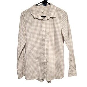 Garnet Hill Gingham Plaid Cream & Beige 100% Organic Pima Cotton Button Up Top S